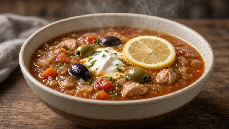 Сборная солянка на шесть порций с огурцами и копчёной колбасой